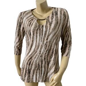 DANA BUCHMAN Womens Size Small Animal Print 3/4 Sleeve Keyhole Neck Top Shirt
